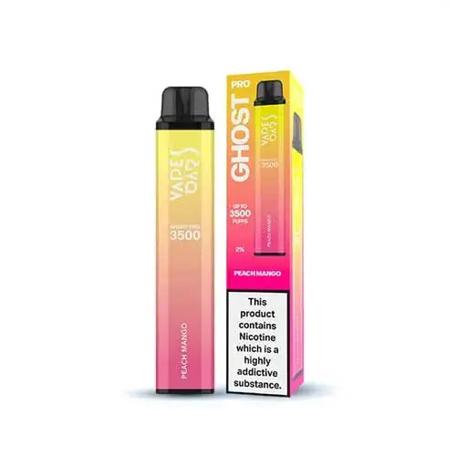 Vape device and packaging with 'Ghost Pro' branding on a white background, Peach Mango Flavor. Order Now and avail our 20% Discount.
