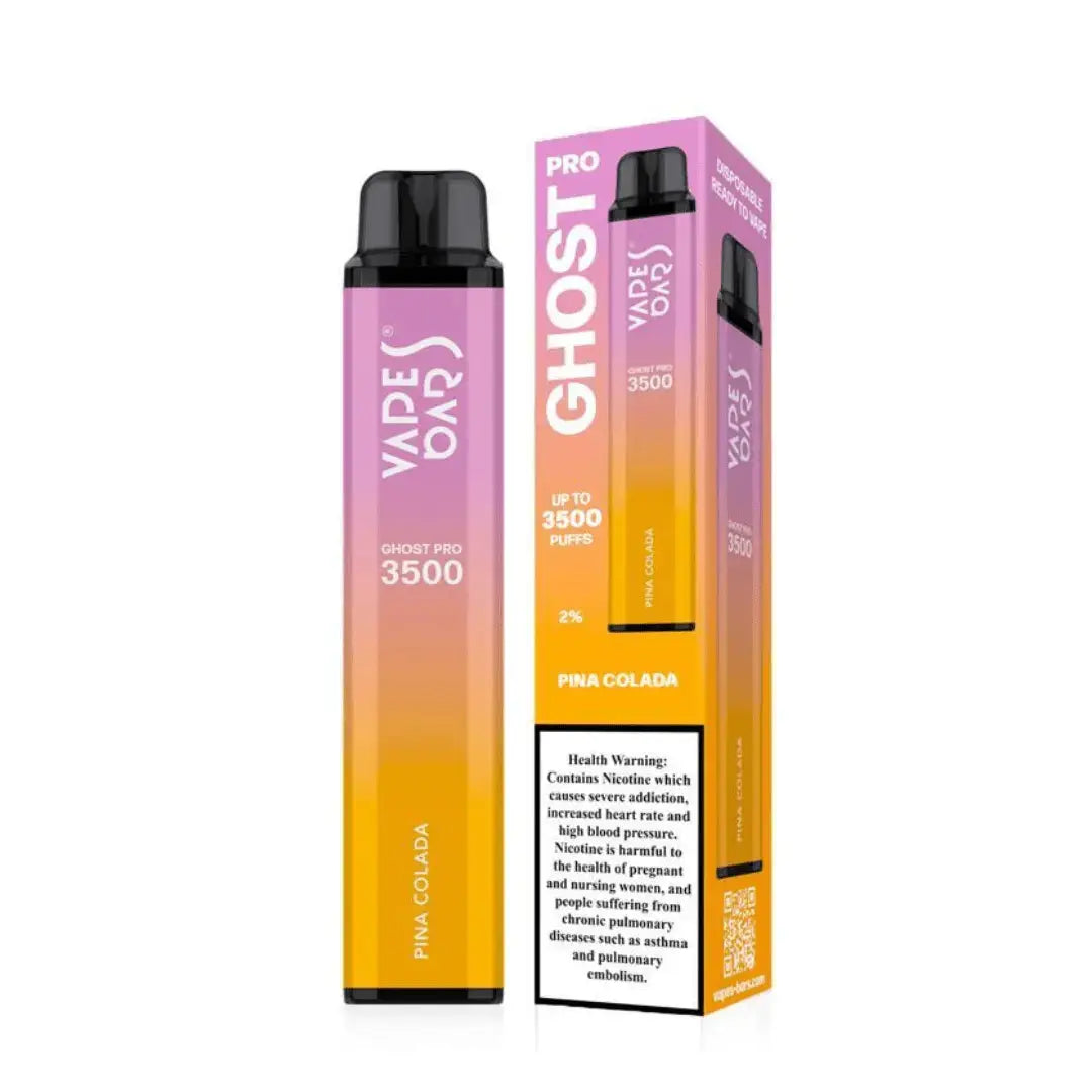 Ghost Pro vape pen and packaging with gradient design on a white background, Pina Colada Flavor. Order now and avail 20% Discount!