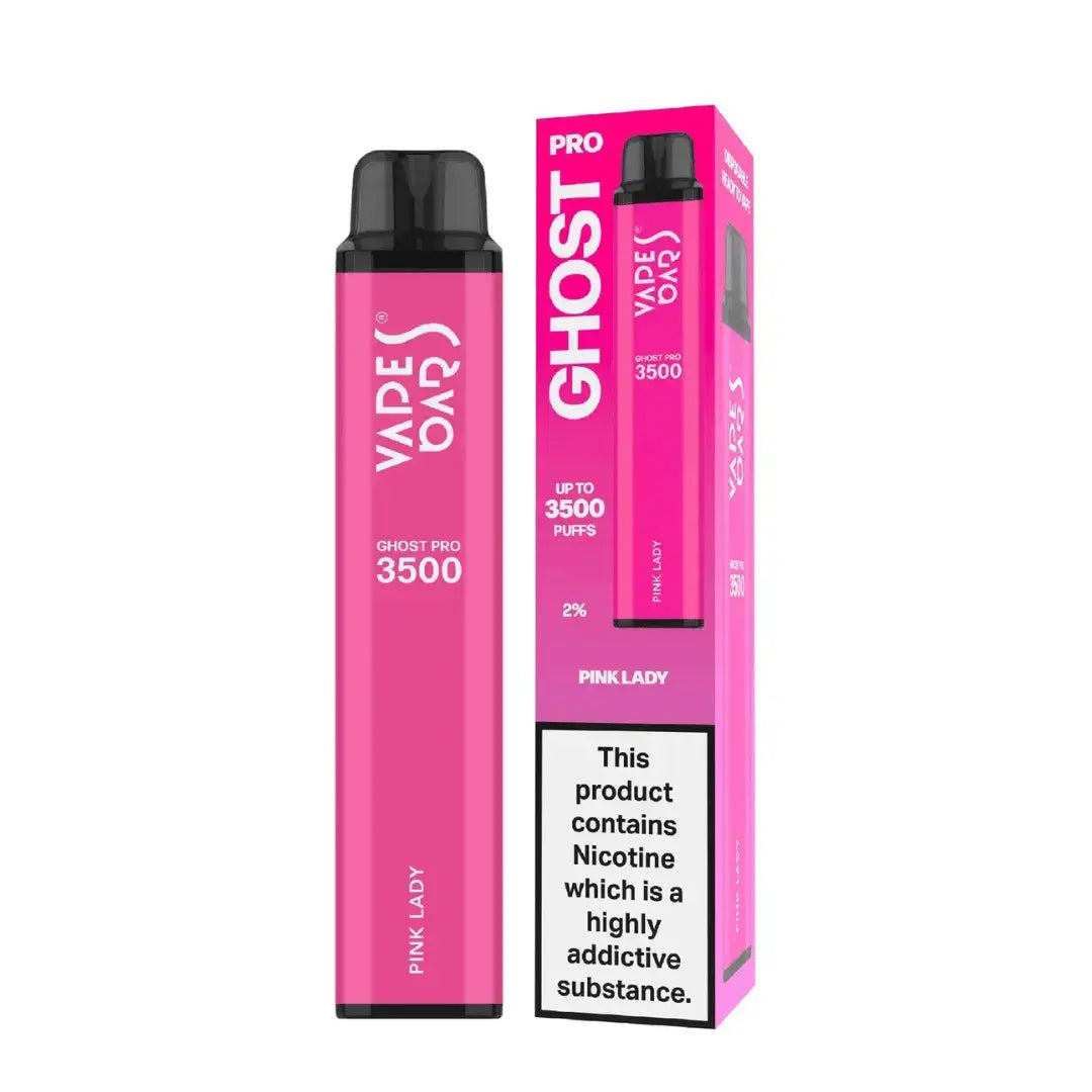 Pink vape device and packaging with 'Ghost Pro' branding on a white background, Pink Lady Flavor. Order now and avail Free Delivery!