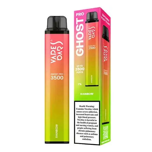Ghost Pro vape device and packaging with gradient design on a white background, Rainbow Flavor. Order Now and avail our 20% Discount!