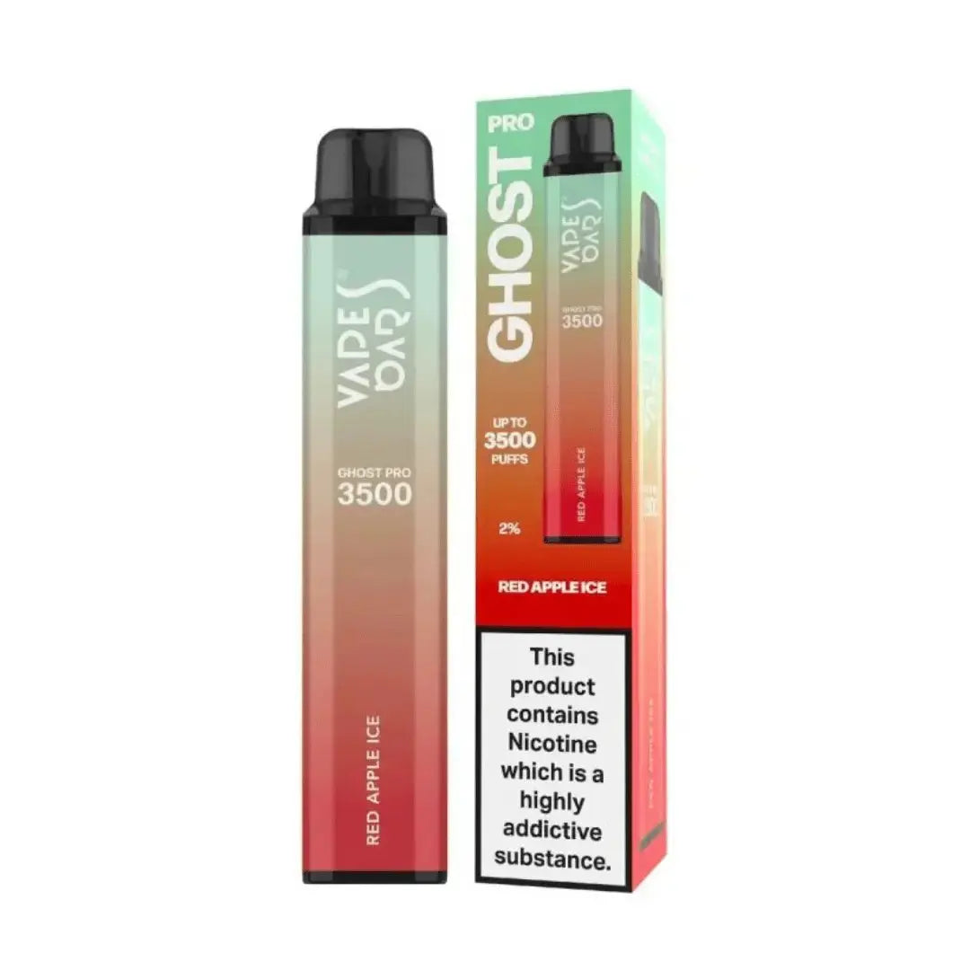 Vape device and packaging with 'Ghost Pro' branding on a white background, Red Apple Ice Flavor. Order now and avail Free Delivery!