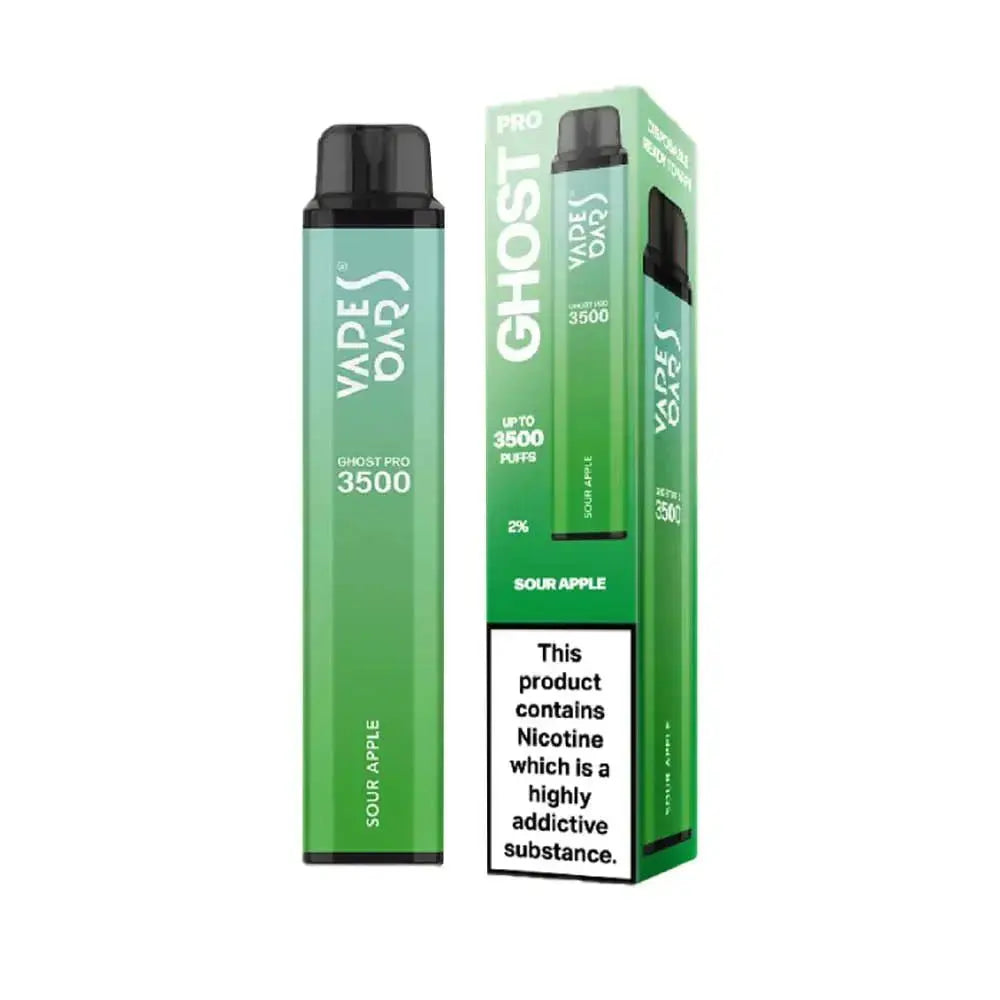 Green vape device and packaging with 'Ghost Pro' branding on a white background, Sour Apple Flavor. Order Now and avail our  20% OFF!