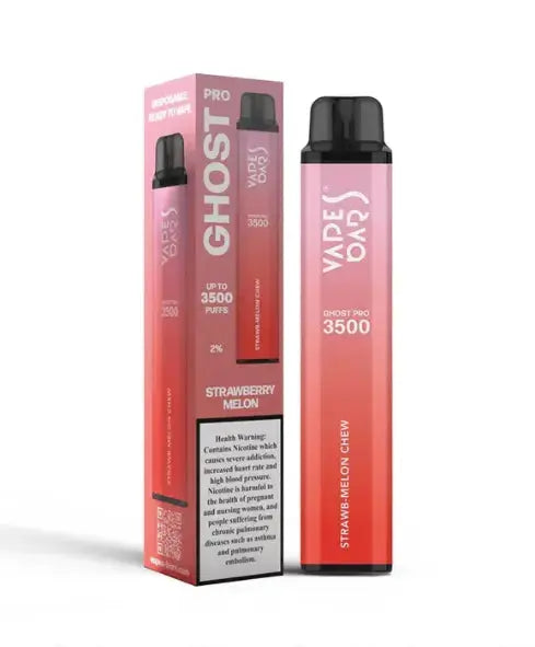 Vape device and packaging with 'GHOST PRO' branding on a white background, Strawberry Melon Flavor. Order Now and avail our  20% Discount!