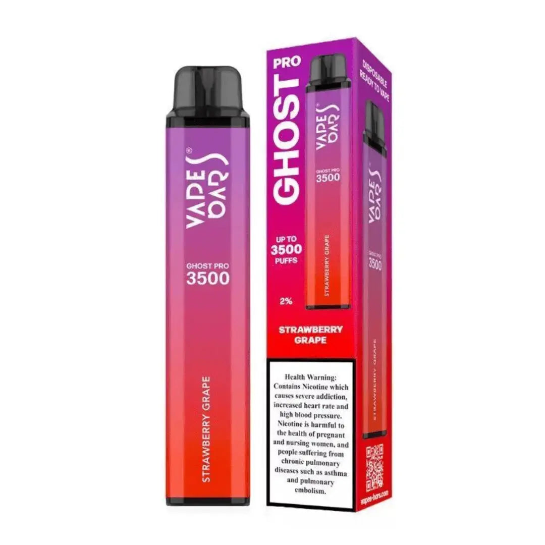 Vape device and packaging with 'Ghost Pro' branding on a white background, Strawberry Grape Flavor. ORDER NOW AND AVAIL 20% DISCOUNT!