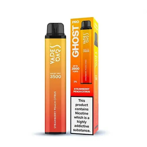 Ghost Pro vape device and packaging on a white background, Strawberry Peach Citrus. Order Now and avail our  20% OFF!