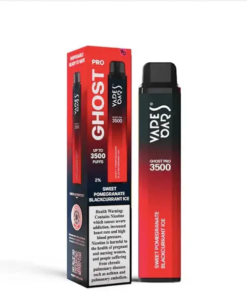 Vape device and packaging with 'Ghost' branding on a white background, Sweet Pomegranate Blackcurrant Ice. Order Now and get 20% Discount!