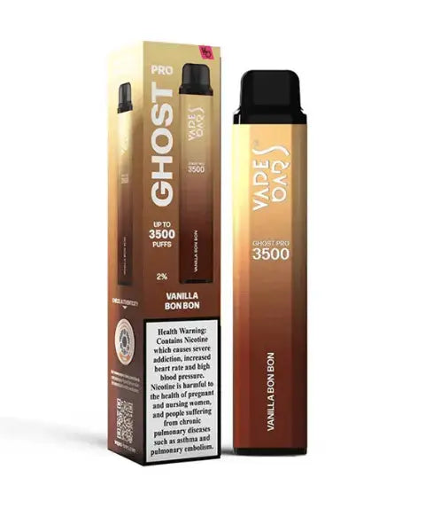 Vape device and packaging with 'Ghost' branding on a white background, Vanilla Bon Flavor. Order Now and avail Free Delivery Promo!