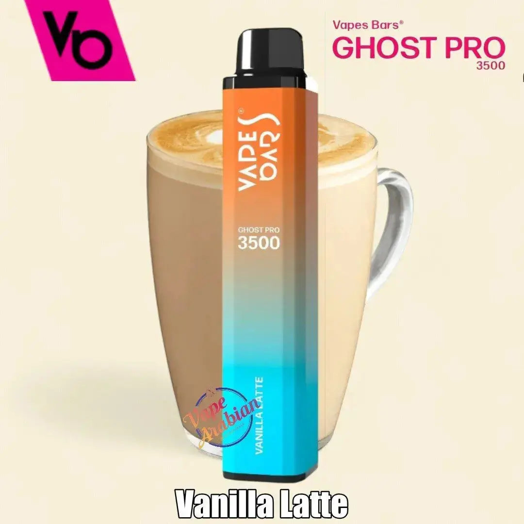 Vapes Bars Ghost Pro vape device with a vanilla latte flavor next to a cup of vanilla latte. ORDER NOW AND AVAIL OUR 20% DISCOUNT!