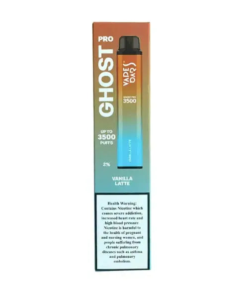 Ghost Pro vape device with packaging on a white background, Vanilla Latte Flavor. Order now and avail our 20% Discount!
