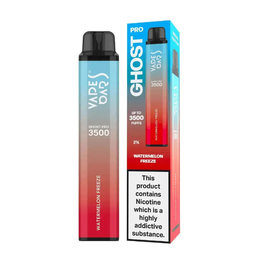 Ghost Pro vape device and packaging with watermelon freeze flavor on a white background. Order Now and avail Free Delivery Offer!