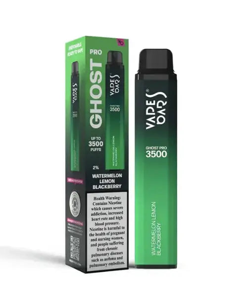 Vape device and packaging with 'Ghost Pro' branding on a white background, Watermelon Lemon Blackberry Flavor. Order Now and avail our 20% Discount! 