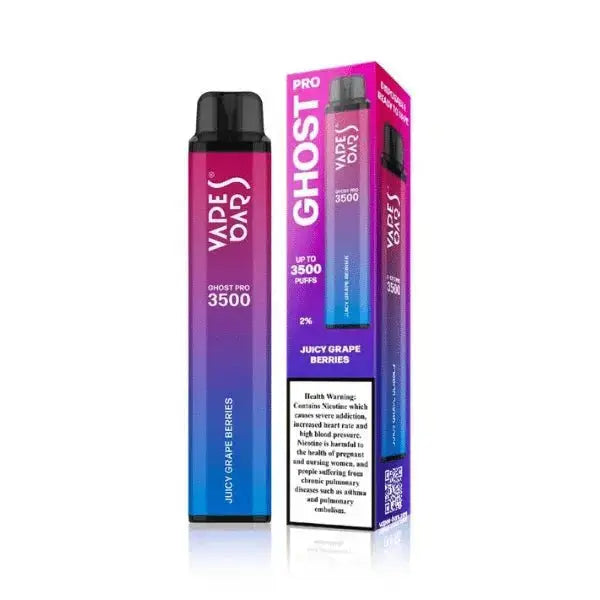 Vape pen and packaging with 'Ghost Pro' branding on a white background, Juicy Grape Berries Flavor. ORDER NOW AND AVAIL OUR 20% DISCOUNT!