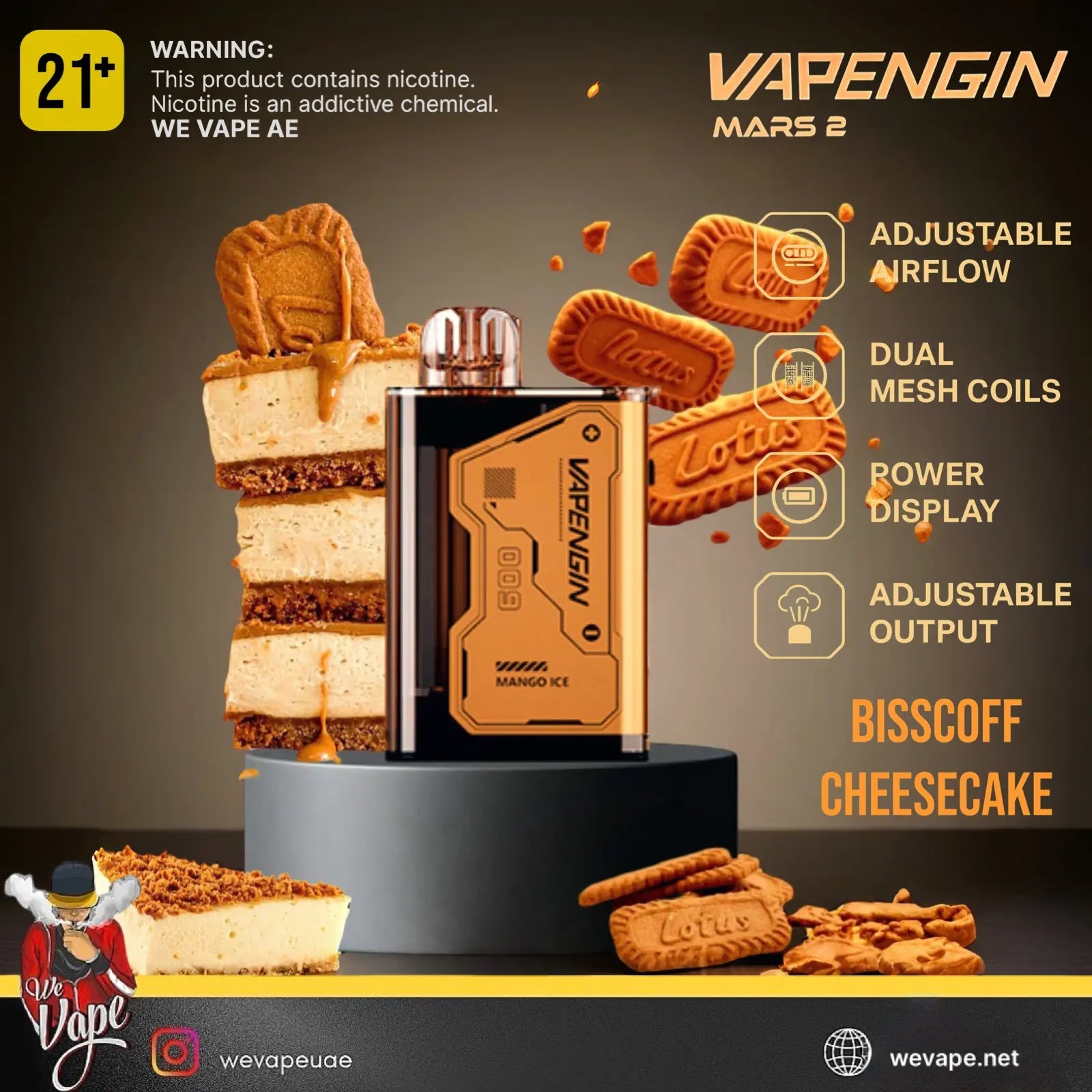 Vapengin Mars 2 vape device with cookies and cheesecake on a dark background. Order Now and get Free Delivery.