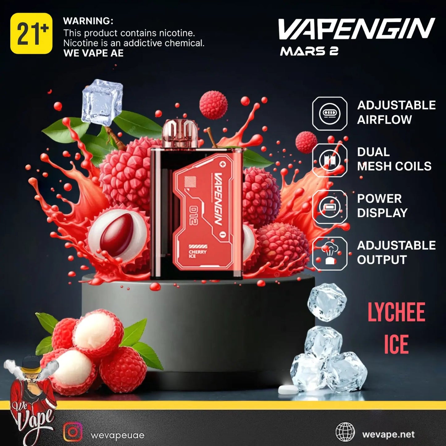 Vapengin Mars 2 vape device with lychee ice flavor on a dark background. Order Now and get Free Delivery