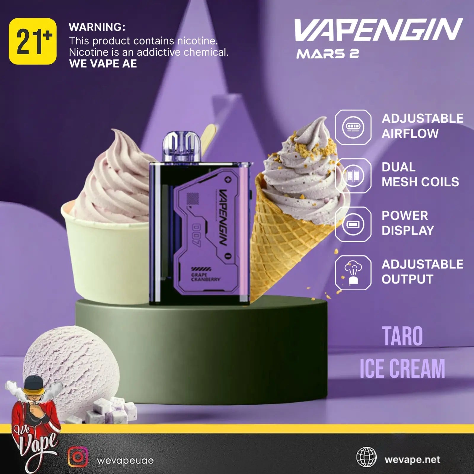 Vapengin Mars 2 vape device with ice cream cones and Taro flavor text on a purple background. Order Now and get Free Delivery.
