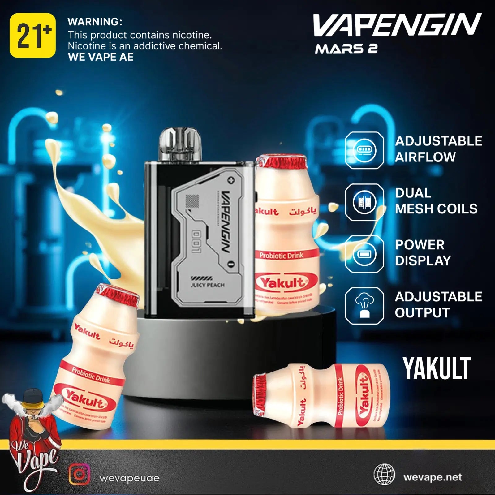 Vaping device with Yakult bottles on a dark background, featuring product features and branding. Order Now and get Free Delivery