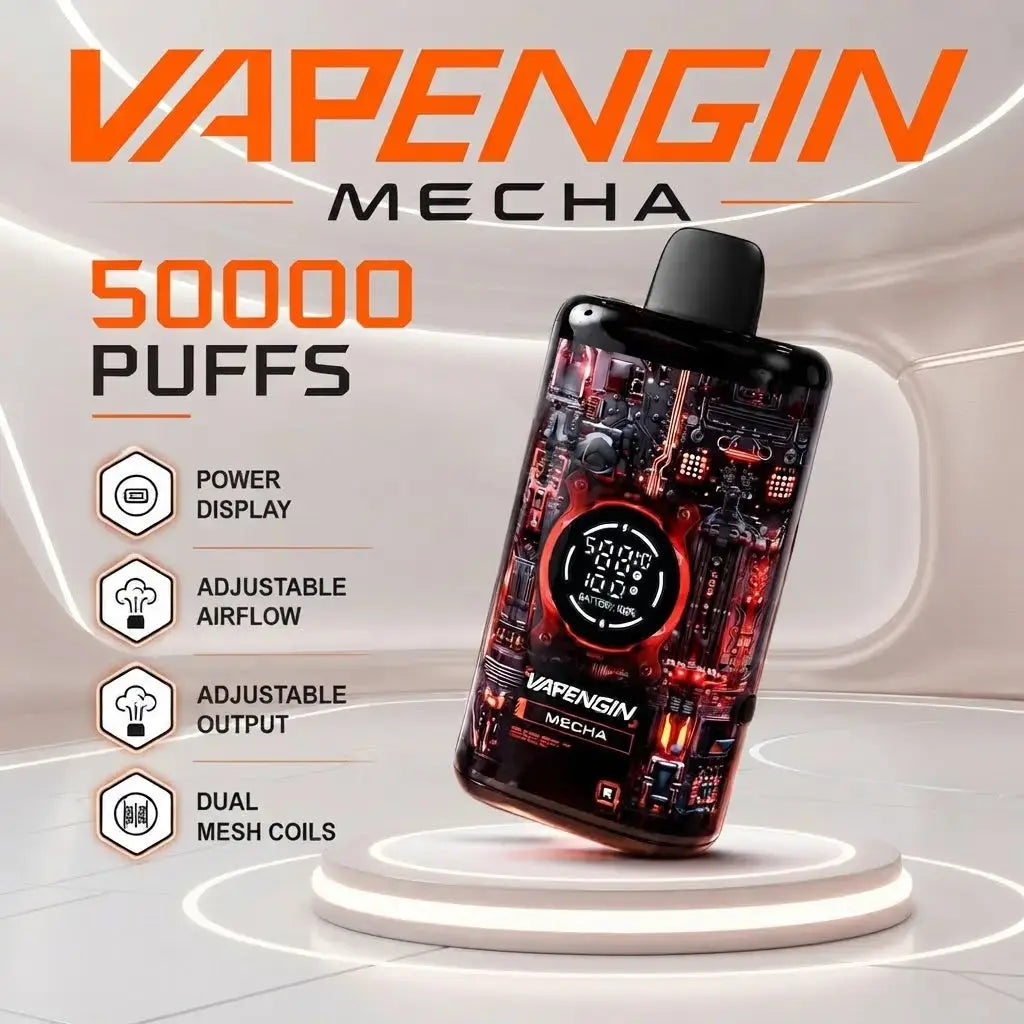 A Vapengin Mecha disposable vape device with a black and red circuit board pattern, displayed on a white circular pedestal with promotional text and feature icons on a futuristic light gray background. Order Now and avail our Promo Offer Free Delivery!