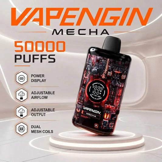 A Vapengin Mecha disposable vape device with a black and red circuit board pattern, displayed on a white circular pedestal with promotional text and feature icons on a futuristic light gray background. Order Now and avail our Promo Offer Free Delivery!