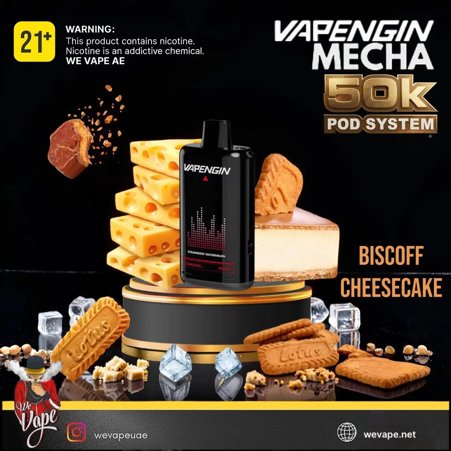 Vapengin Meca 50K Pod System in Biscuff Cheesecake flavor, shown as a black vape device on a gold and black pedestal, surrounded by cheesecake slices, biscuits, and ice cubes on a black background with promotional text. Order Now and avail our Promo Offer Free Delivery! 