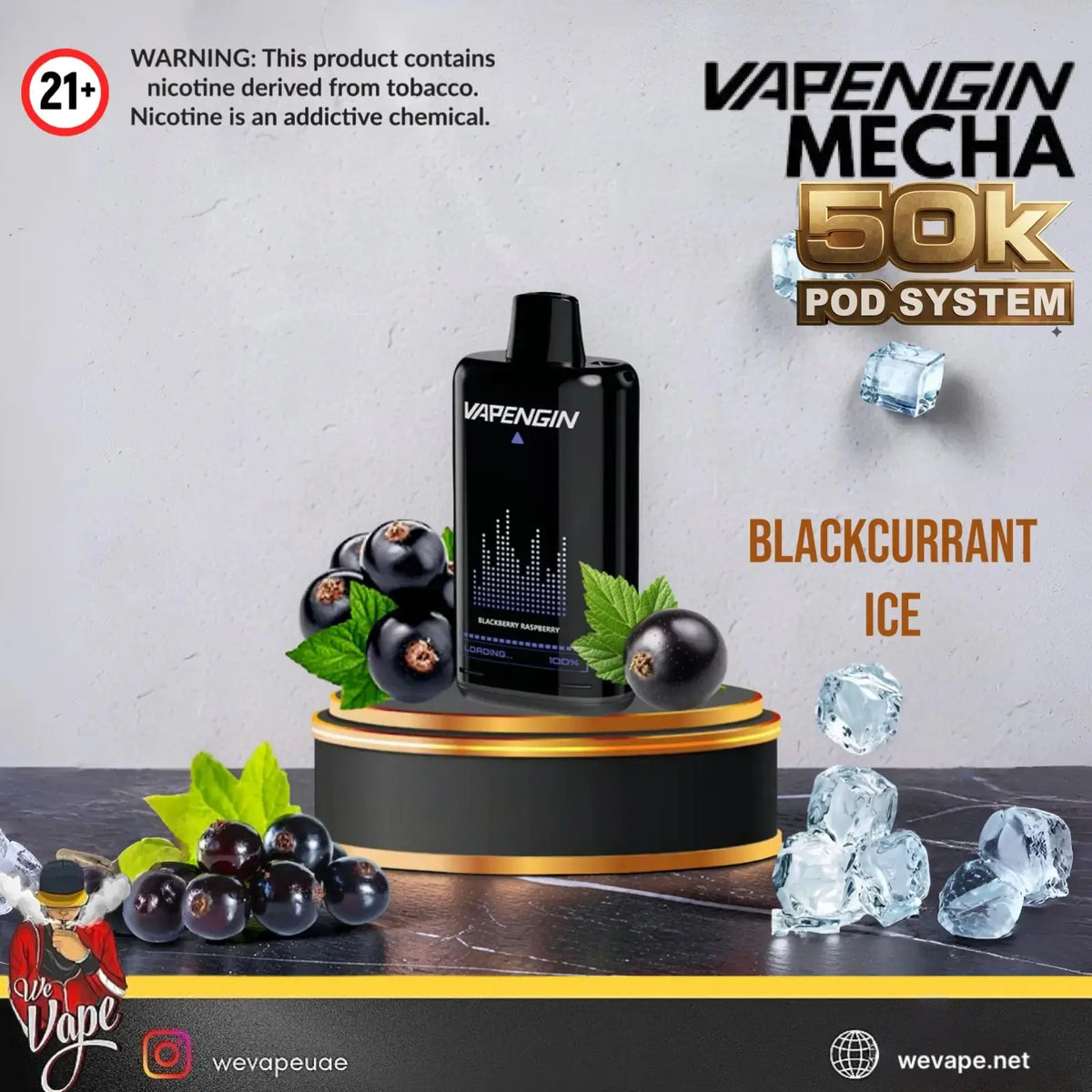 Vapengin Meca 50k Pod System in Blackcurrant Ice flavor, displayed on a gold and black pedestal with blackcurrants and ice cubes against a textured gray background. Order Now and avail our Promo Offer Free Delivery! 