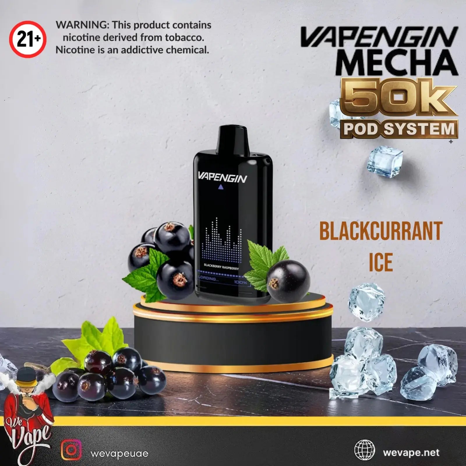 Vapengin Meca 50k Pod System in Blackcurrant Ice flavor, displayed on a gold and black pedestal with blackcurrants and ice cubes against a textured gray background. Order Now and avail our Promo Offer Free Delivery! 