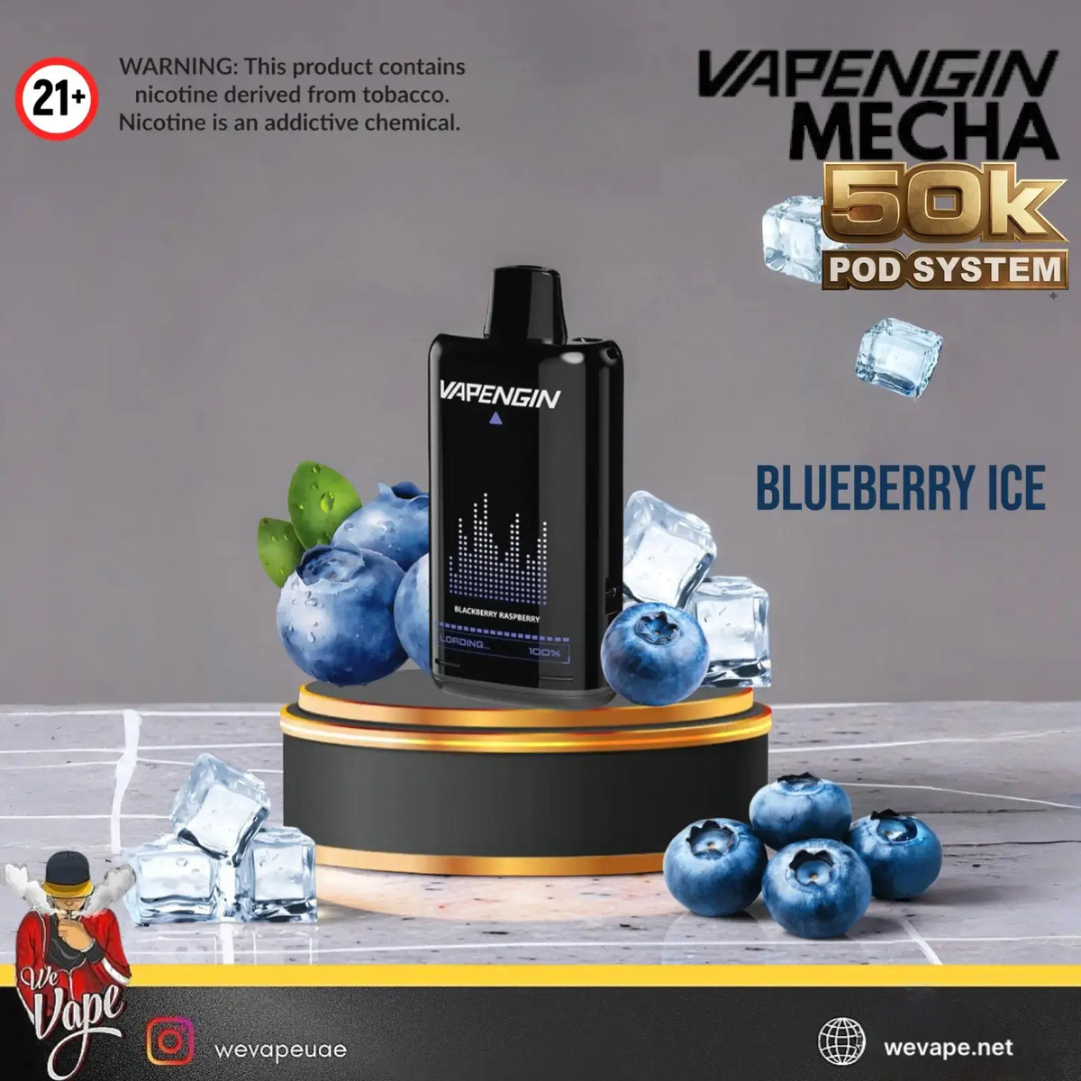 Vapengin Meca 50k Pod System in Blueberry Ice flavor, displayed on a black and gold pedestal with blueberries and ice cubes against a gray background. Order Now and avail our Promo Offer Free Delivery! 