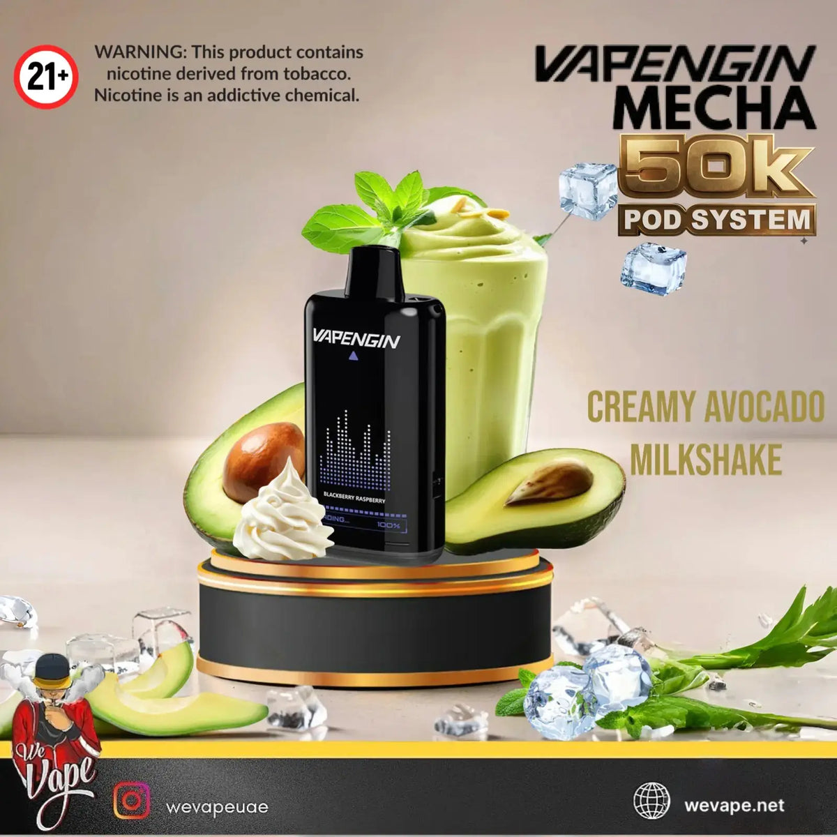 Vapengin Meca 50K Pod System in Creamy Avocado Milkshake flavor, displayed on a black and gold pedestal with avocado halves, a green milkshake, whipped cream, and ice cubes against a beige background with promotional text. 
Order Now and avail our Promo Offer Free Delivery! 