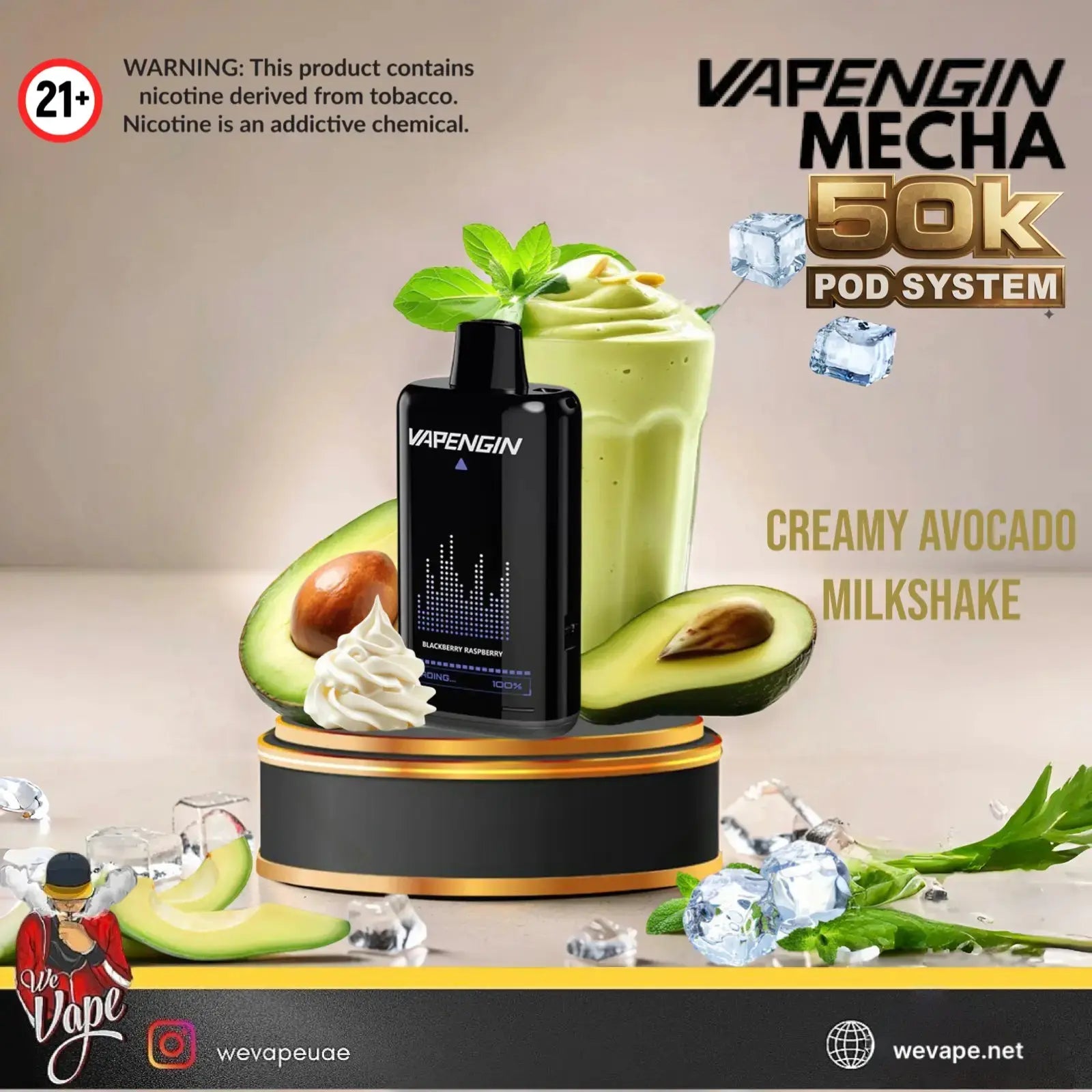 Vapengin Meca 50K Pod System in Creamy Avocado Milkshake flavor, displayed on a black and gold pedestal with avocado halves, a green milkshake, whipped cream, and ice cubes against a beige background with promotional text. 
Order Now and avail our Promo Offer Free Delivery! 
