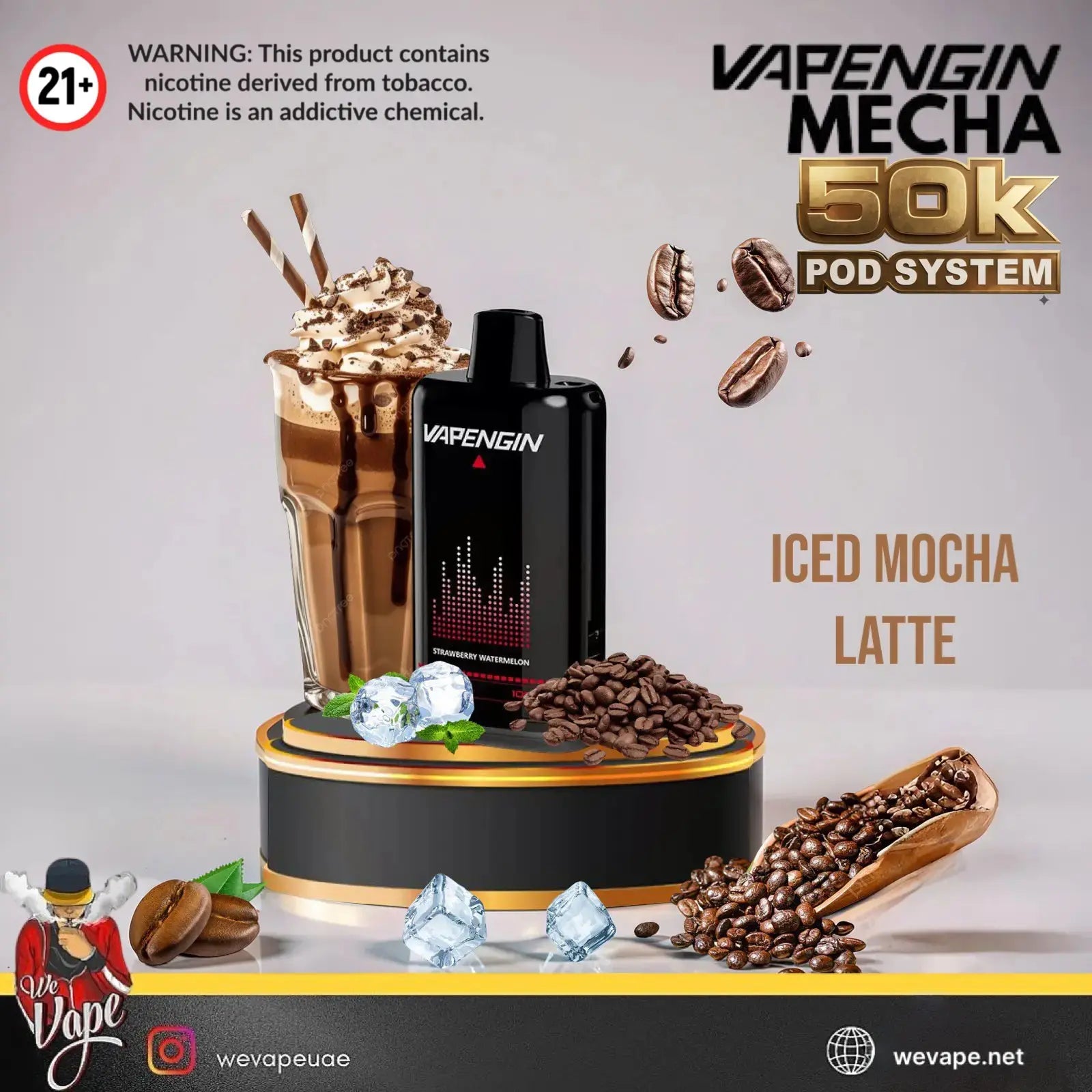 A vape device labeled VAPENGIN MECHA 50K POD SYSTEM in black with red graphics, displayed on a round black and gold pedestal with coffee beans, an iced mocha latte, and ice cubes. Text reads 'ICED MOCHA LATTE' and includes a nicotine warning and social handles. Order Now and avail our Promo Offer Free Delivery!