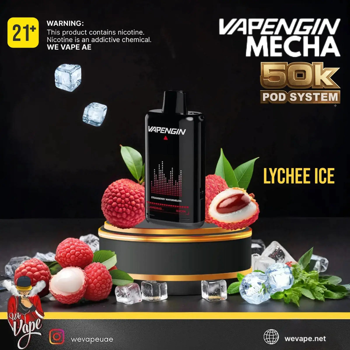 Vapengin Mecha 50K Pod System in Lychee Ice flavor, displayed on a black and gold pedestal surrounded by fresh lychee fruits, ice cubes, and green leaves against a dark background. Order Now and avail our Promo Offer Free Delivery!