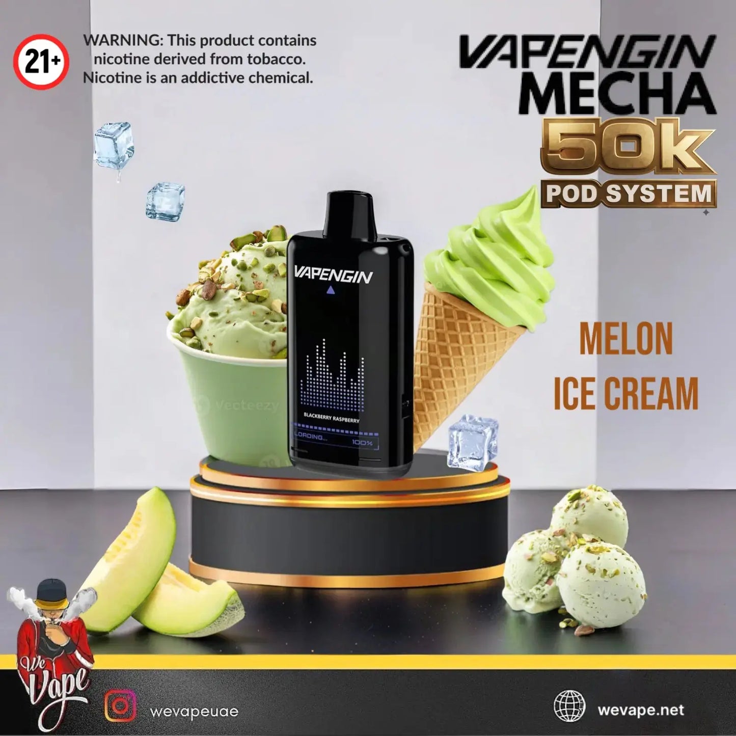 A Vapengin Meca 50K Pod System vape device in black with blue LED graphics, displayed on a black and gold pedestal. The background is a clean white-to-gray gradient with floating ice cubes, a green ice cream cone, and green ice cream scoops, alongside melon and avocado slices. Order Now and avail our Promo Offer Free Delivery!