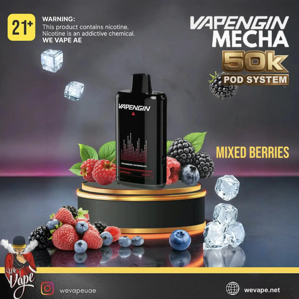A vape pod system labeled Vapengin Mecha 50K Pod System in mixed berries flavor, displayed on a black and gold pedestal with berries, blueberries, raspberries, blackberries, and ice cubes around it. The background is dark purple with promotional text and branding. Order Now and avail our Promo Offer Free Delivery! 