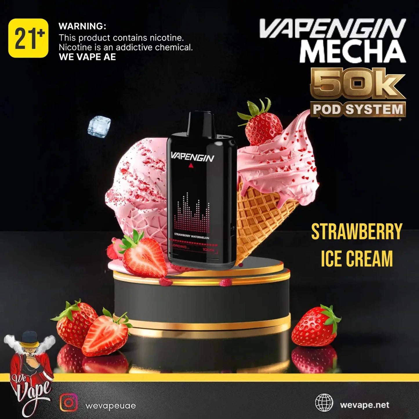 Vapengin Meca 50K Pod System in Strawberry Ice Cream flavor, shown as a black pod device surrounded by pink strawberry ice cream scoops and whole strawberries on a black pedestal with gold trim. Text on the image includes 'WARNING: This product contains nicotine' and 'Vapengin Meca 50K Pod System'. Order Now and avail our Promo Offer Free Delivery! 