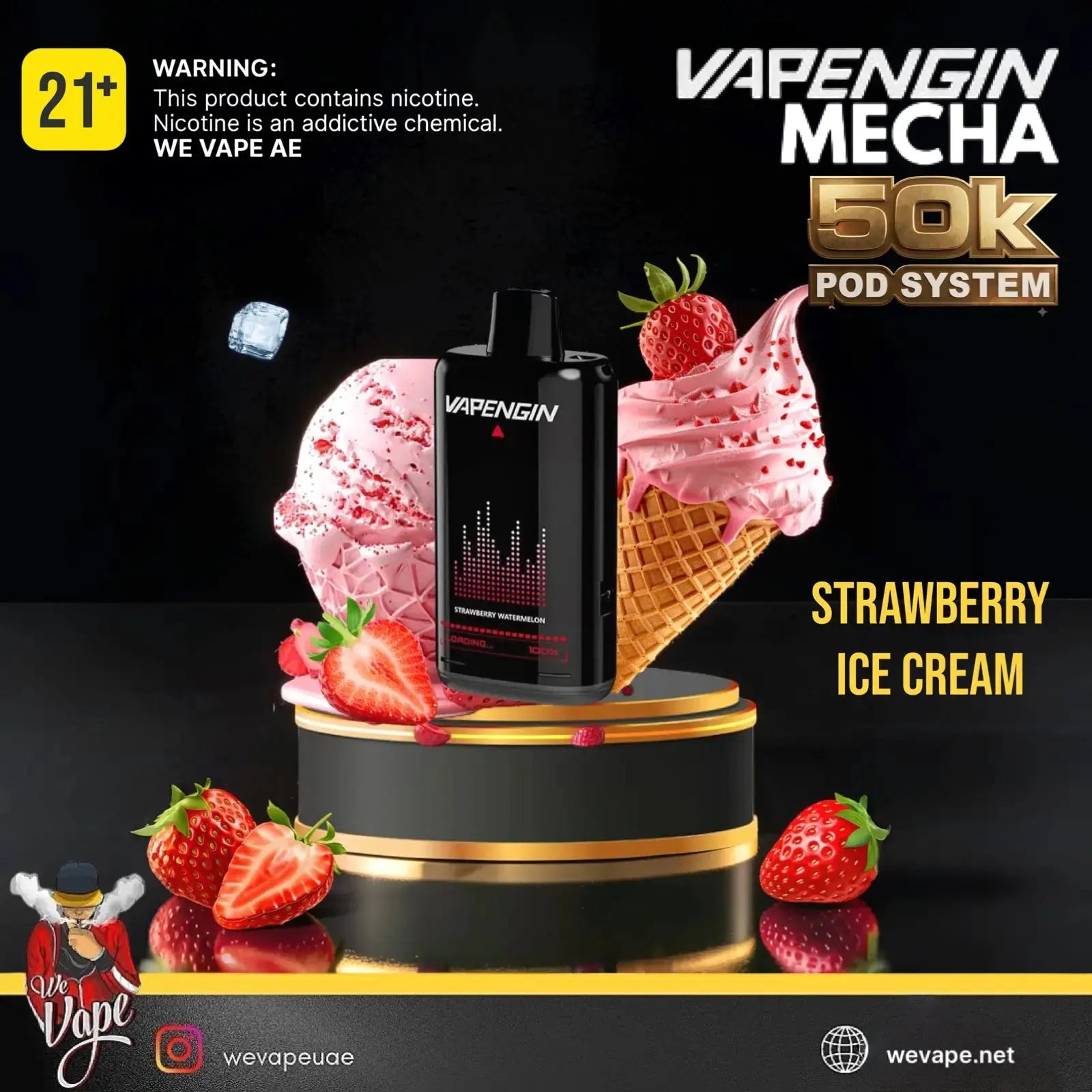 Vapengin Meca 50K Pod System in Strawberry Ice Cream flavor, shown as a black pod device surrounded by pink strawberry ice cream scoops and whole strawberries on a black pedestal with gold trim. Text on the image includes 'WARNING: This product contains nicotine' and 'Vapengin Meca 50K Pod System'. Order Now and avail our Promo Offer Free Delivery! 