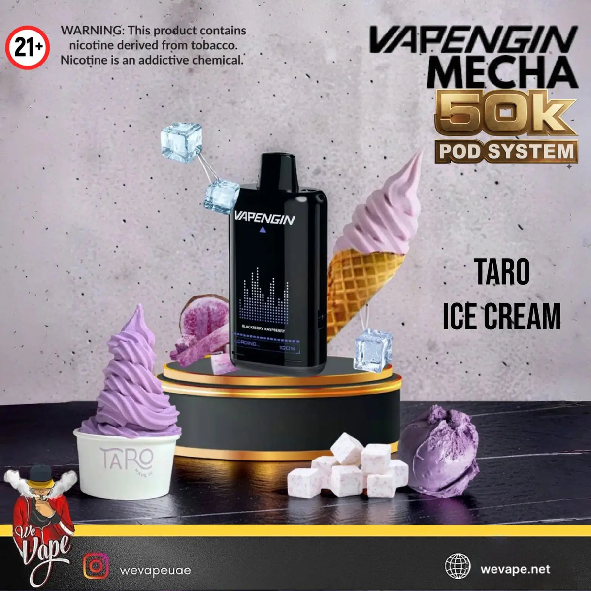 Vapengin Meca 50k Pod System in Taro Ice Cream flavor, displayed on a black and gold pedestal with purple ice cream swirls, ice cubes, and taro fruit on a dark table against a textured gray wall. Order Now and avail our Promo Offer Free Delivery!