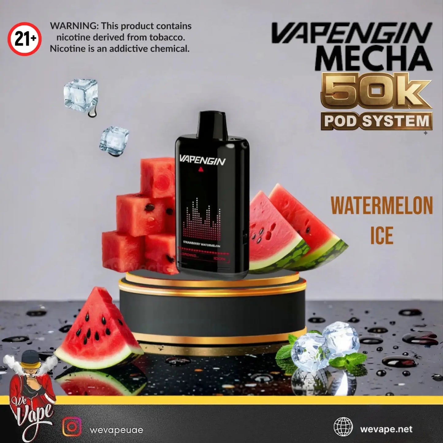 Vapengin Meca 50K Pod System in Watermelon Ice flavor, displayed on a gold and black rotating platform with watermelon slices and ice cubes. The background is a clean gray studio backdrop with product information text overlays. Order Now and avail our Promo Offer Free Delivery!
