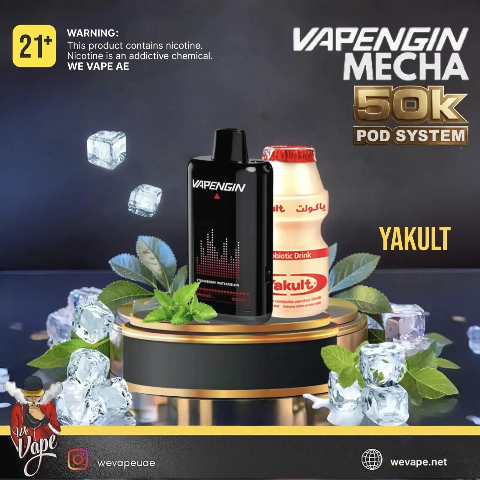 Promotional product graphic for the Vapengin Meca 50k Pod System in Yakult flavor. The black Vapengin pod is displayed on a black and gold pedestal alongside a bottle of Yakult drink, surrounded by ice cubes, mint leaves, and green leaves on a dark reflective background. Order Now and avail our Promo Offer Free Delivery!