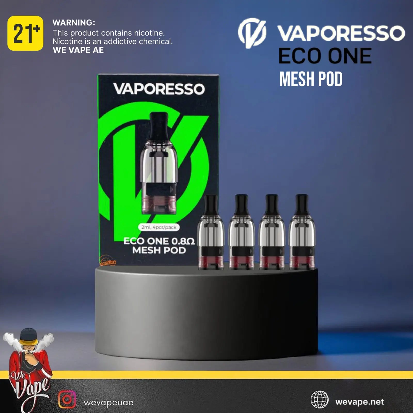 Vaporesso Eco One Mesh Pod packaging with nicotine warning label on a blue background. Order Now.