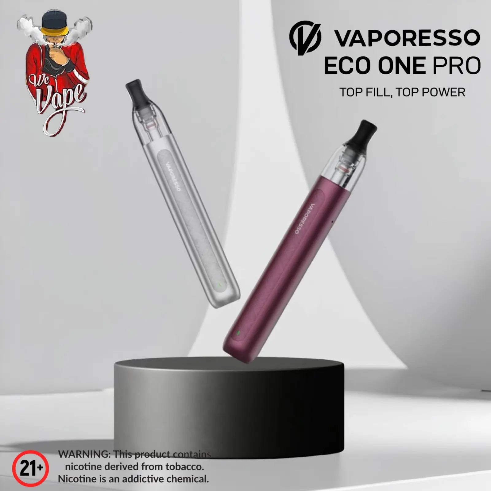 Vaporesso Eco One Pro vaping device with a warning label on a gray background. Order Now