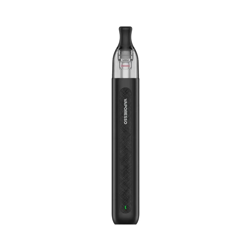 Black vape device with 'Vaporesso' branding on a white background. Order Now