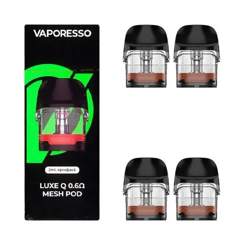 Vaporesso Luxe Q mesh pod packaging with four pods displayed on a white background. Order Now