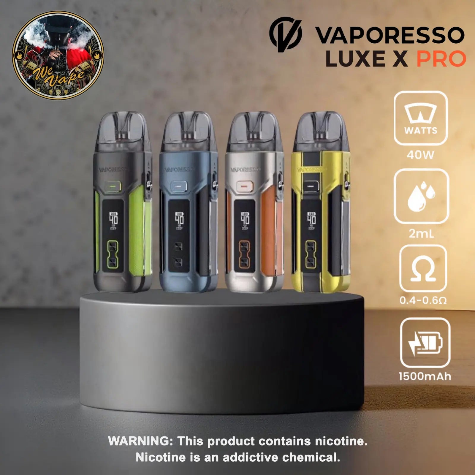 Vaporesso Luxe X Pro vape devices on a stand with product details and warning label. Order Now.