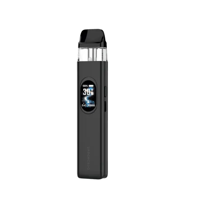 A sleek black vape device with a digital display screen showing battery percentage and time, set against a plain white background. Order Now and get Free Delivery.