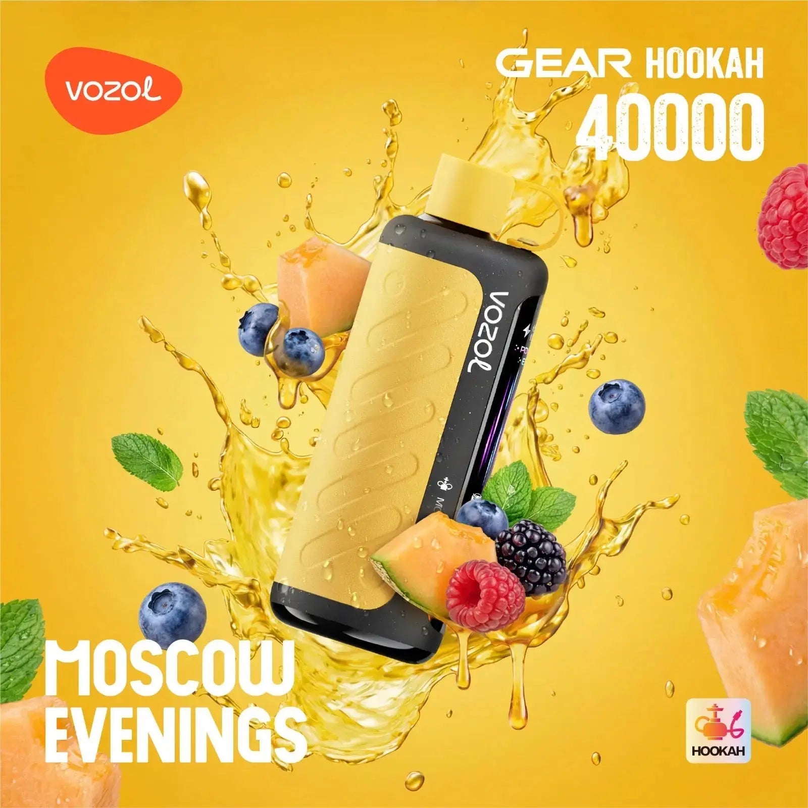VOZOL Gear Hookah 40000 with fruit and mint on a yellow background. ORDER NOW AND GET 20% OFF / wevape.net