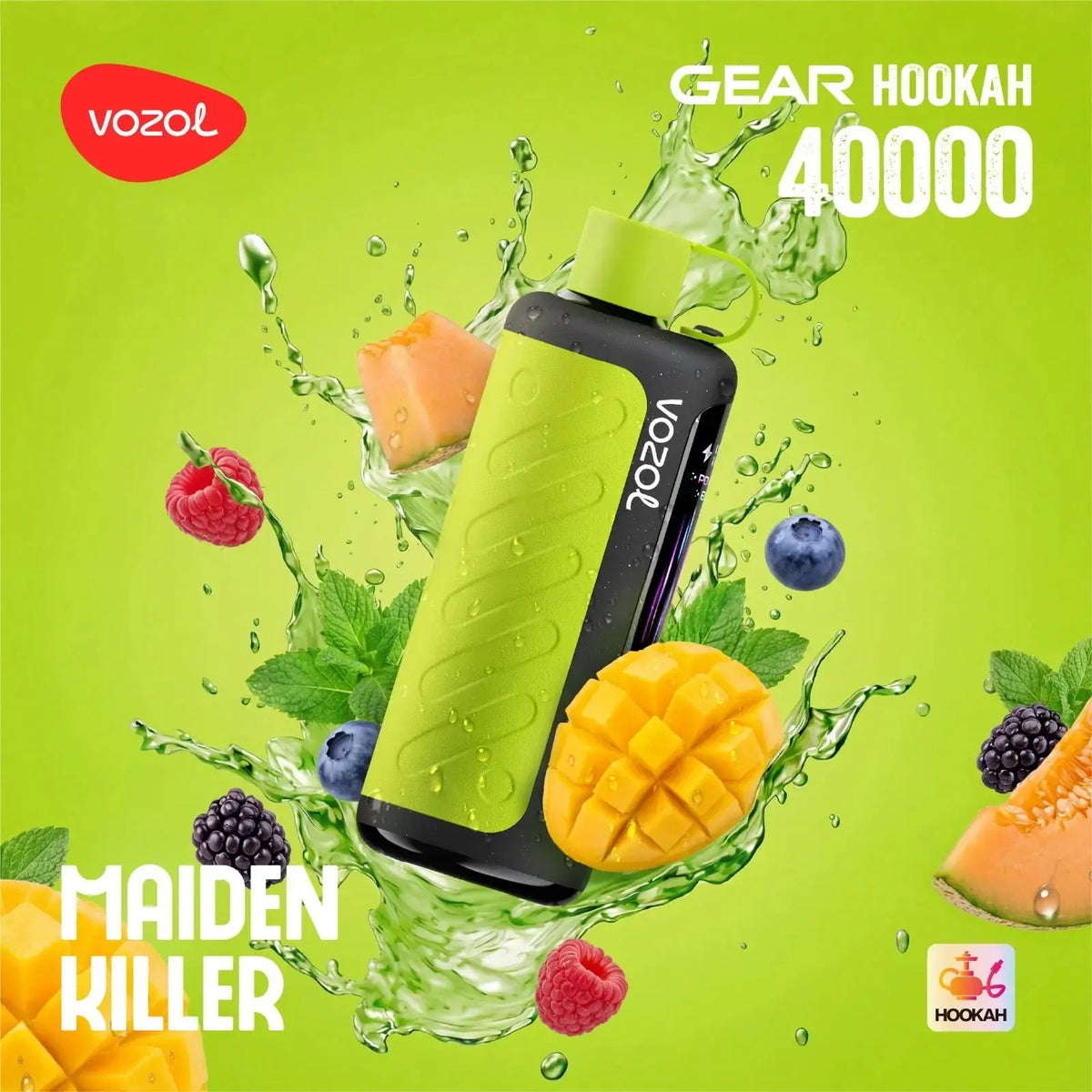 VOZOL Gear Hookah 40000 with fruit and mint leaves on a green background. ORDER NOW AND GET 20% OFF / wevape.net