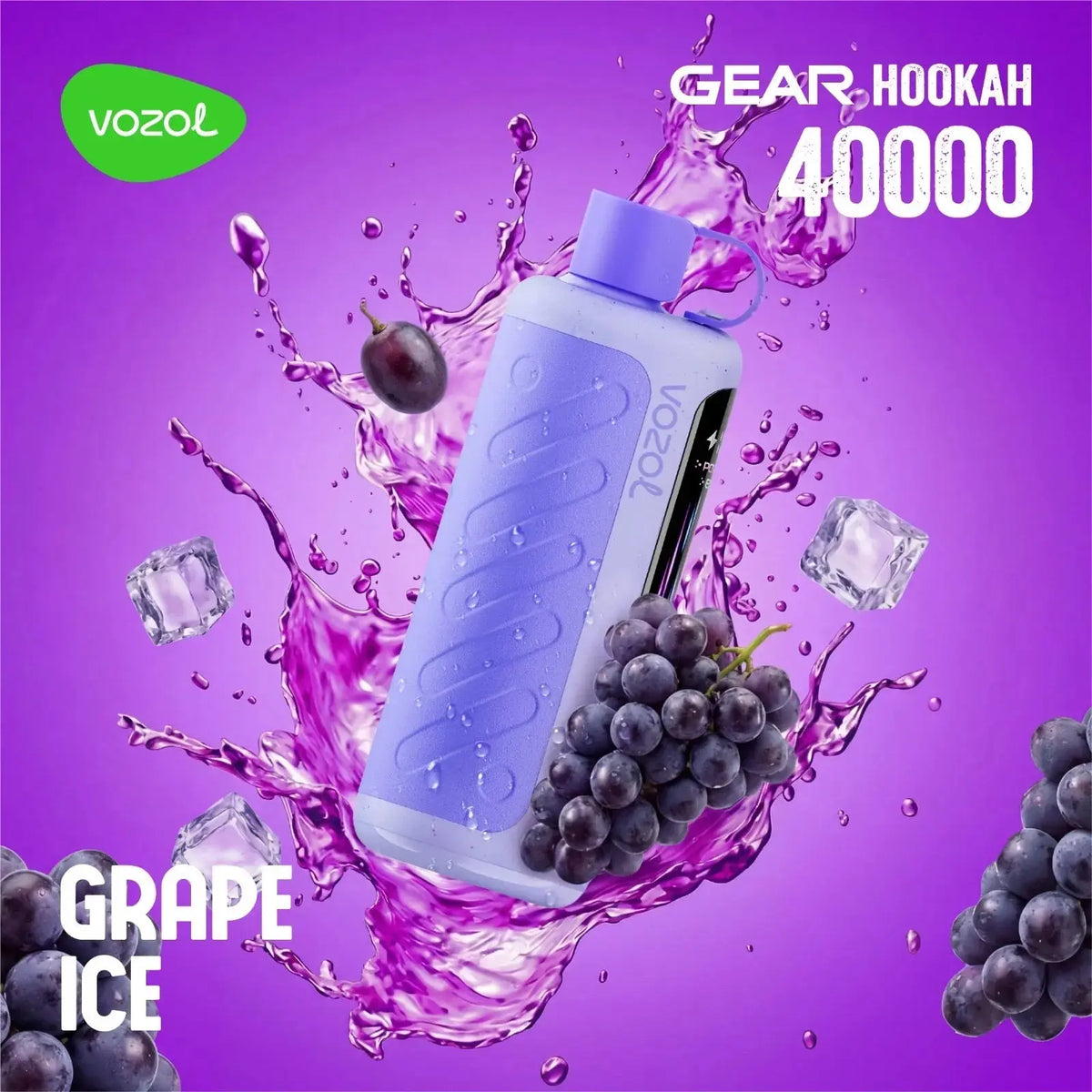 VOZOL Gear Hookah 40000 with grape ice flavor on a purple background. ORDER NOW AND GET 20% OFF / wevape.net