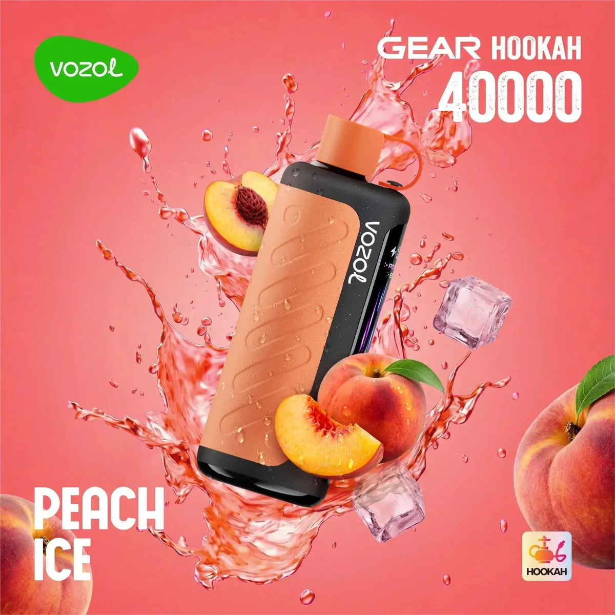 VOZOL Gear Hookah 40000 Peach Ice flavor product with peaches and ice cubes on a pink background.ORDER NOW AND GET 20% OFF / wevape.net