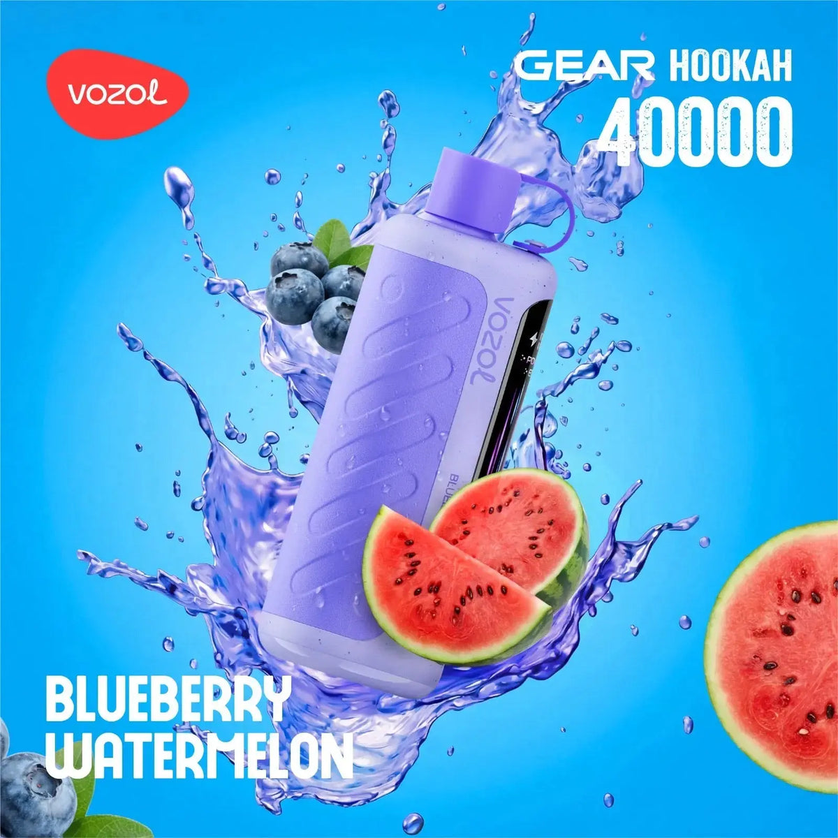 VOZOL Gear Hookah 40000 with blueberries and watermelon on a blue background. ORDER NOW AND GET 20% OFF / wevape.net