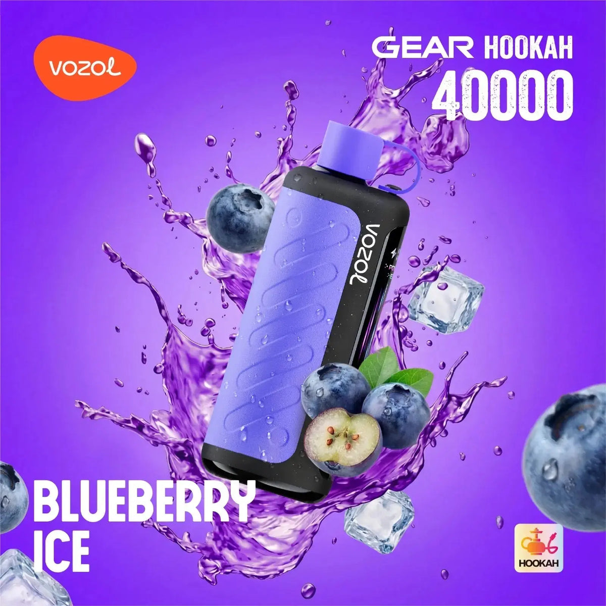 VOZOL Gear Hookah 40000 with blueberries and ice on a purple background. ORDER NOW AND GET 20% OFF / wevape.net