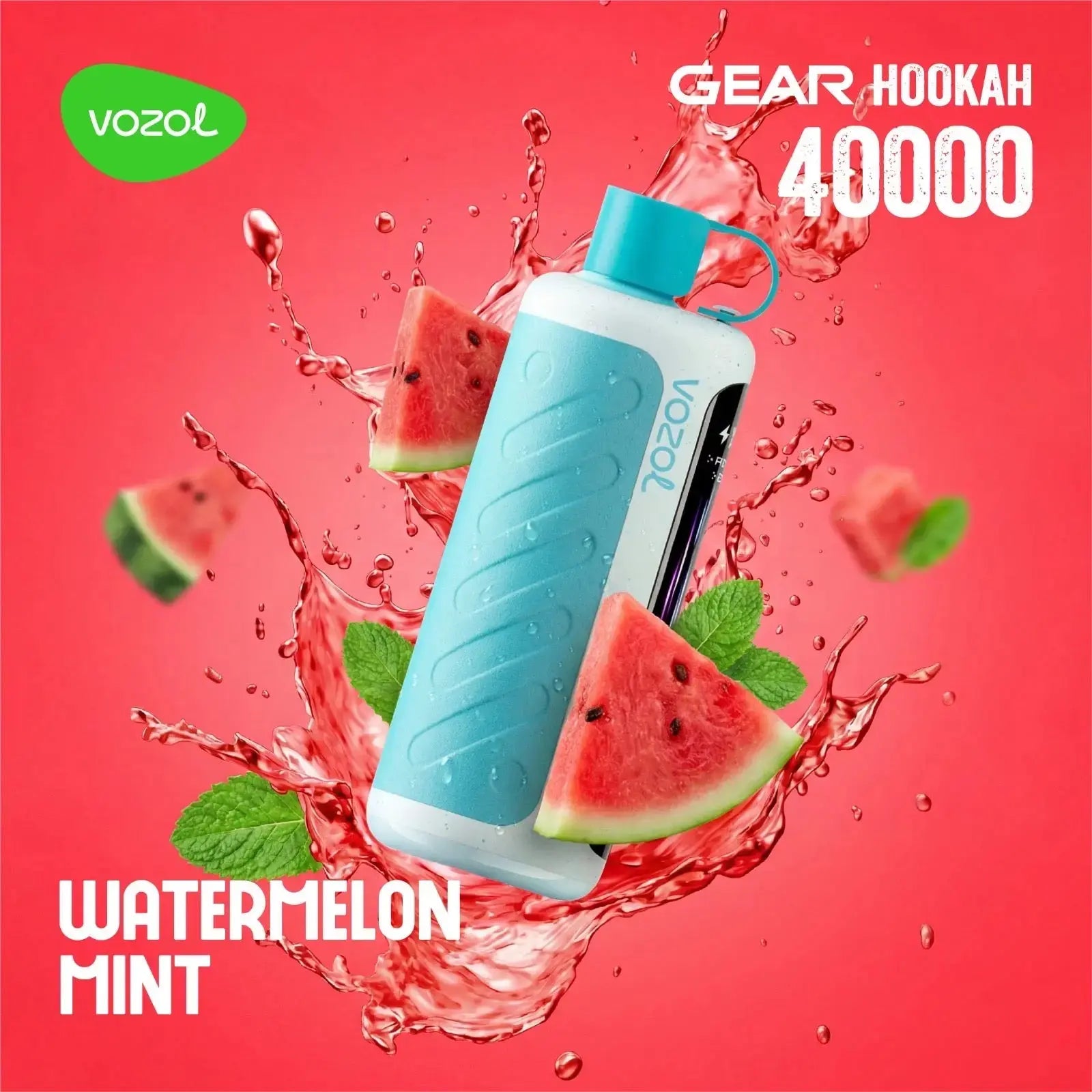 VOZOL Gear Hookah 40000 with watermelon and mint elements on a red background. ORDER NOW AND GET 20% OFF / wevape.net